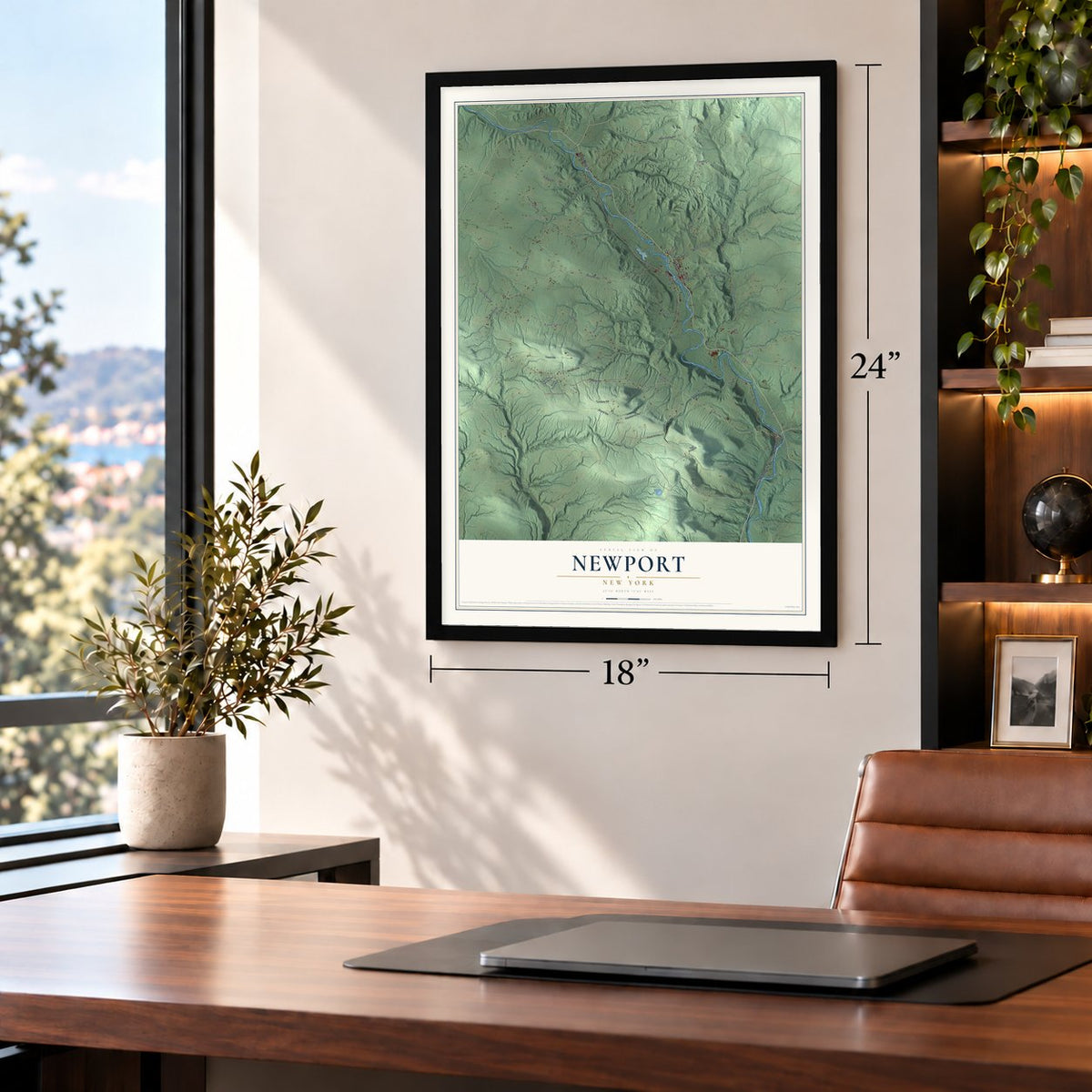 Newport, New York map, 18 x 24 inch print in a black frame in a home office