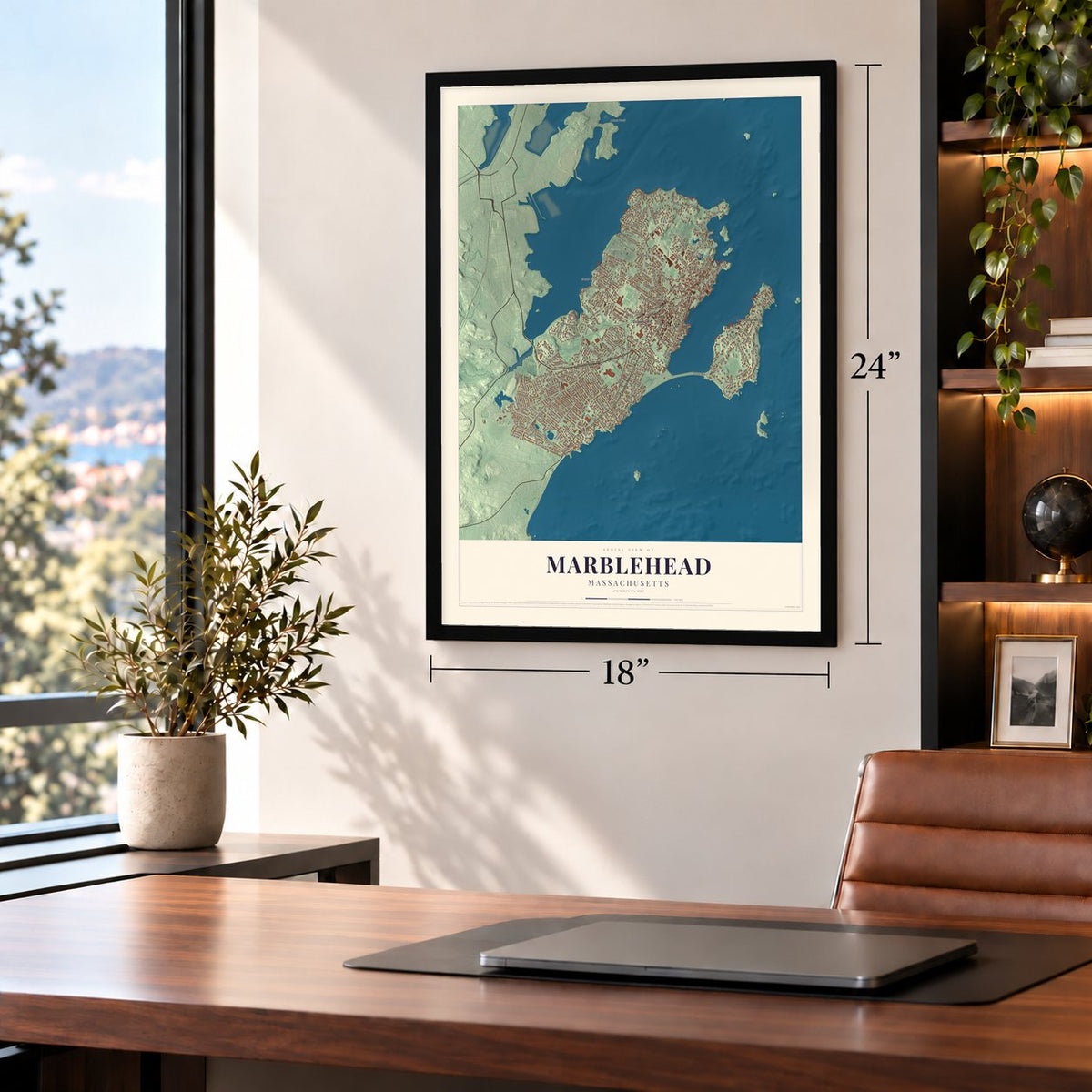 Marblehead, Massachusetts map, 18 x 24 inch print in a black frame in a home office