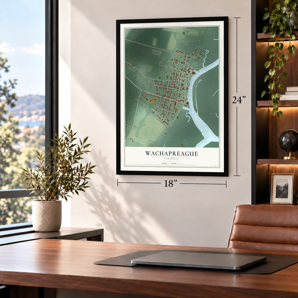 Wachapreague, Virginia map, 18 x 24 inch print in a black frame in a home office