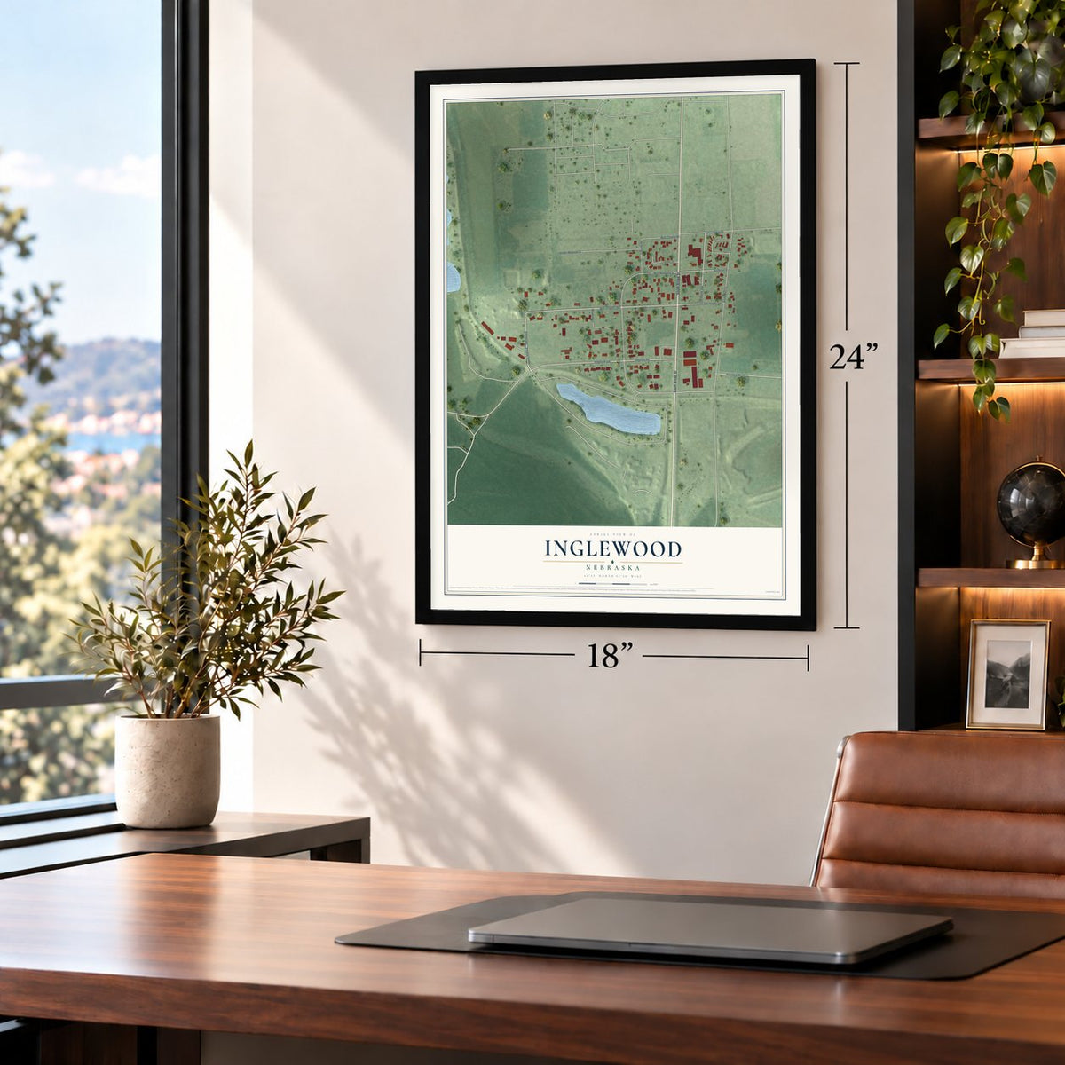 Inglewood, Nebraska map, 18 x 24 inch print in a black frame in a home office