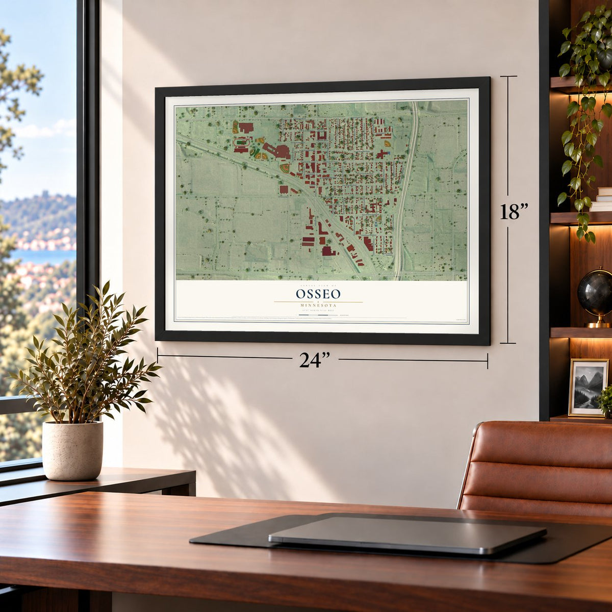 Osseo, Minnesota map, 18 x 24 inch print in a black frame in a home office