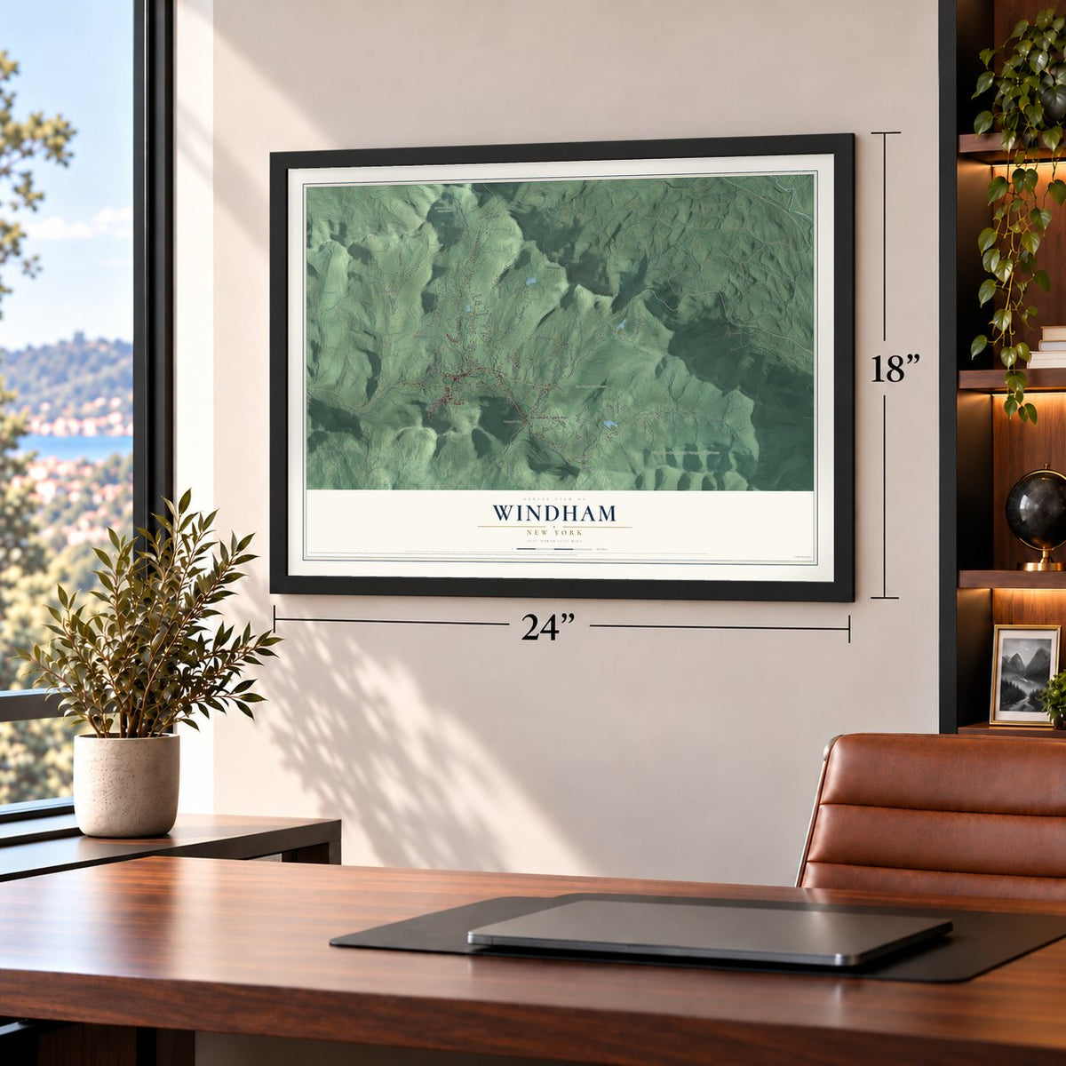 Windham, New York map, 18 x 24 inch print in a black frame in a home office