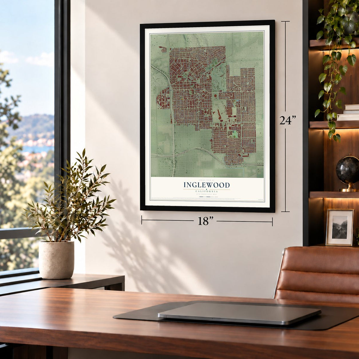Inglewood, California map, 18 x 24 inch print in a black frame in a home office