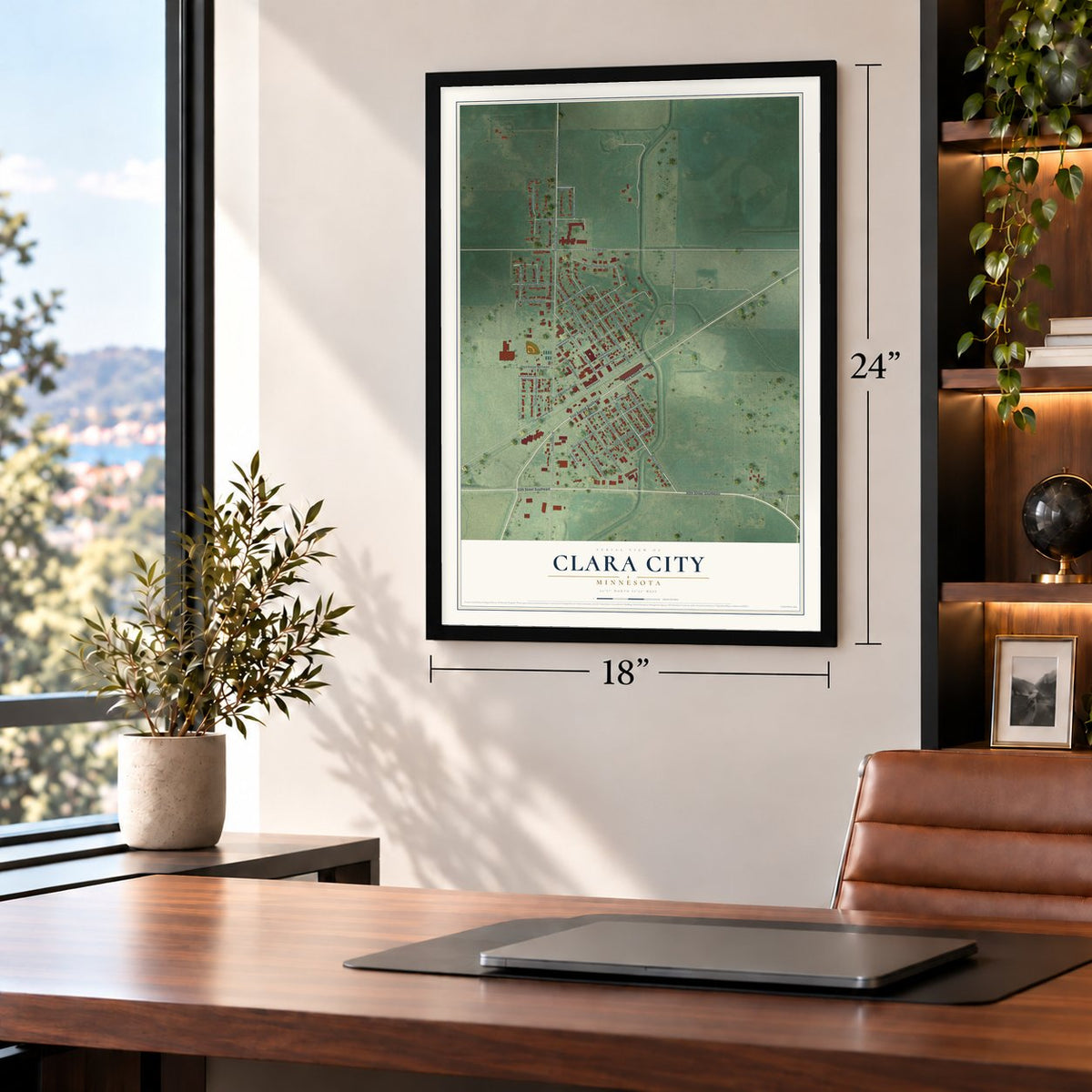 Clara City, Minnesota map, 18 x 24 inch print in a black frame in a home office