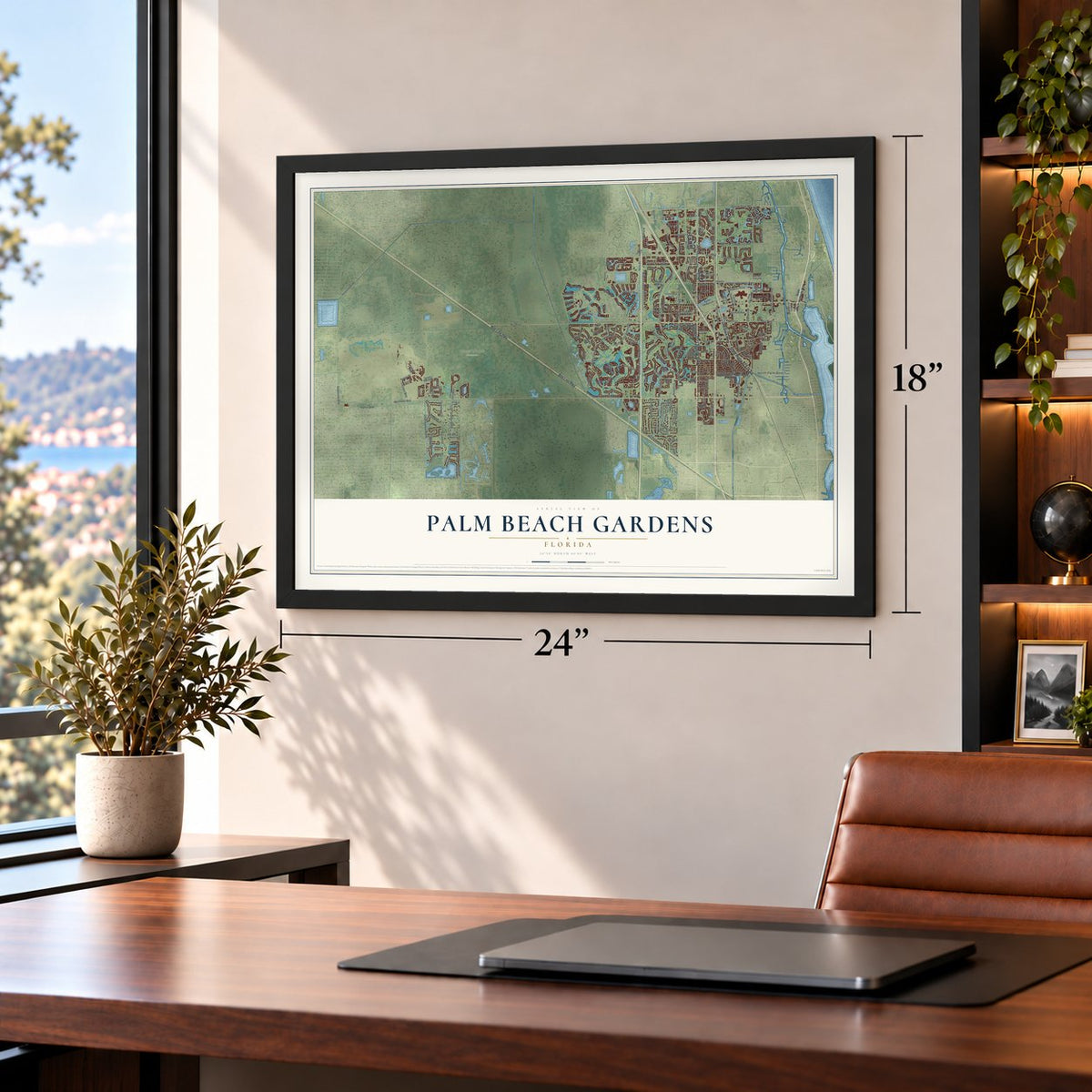 Palm Beach Gardens, Florida map, 18 x 24 inch print in a black frame in a home office