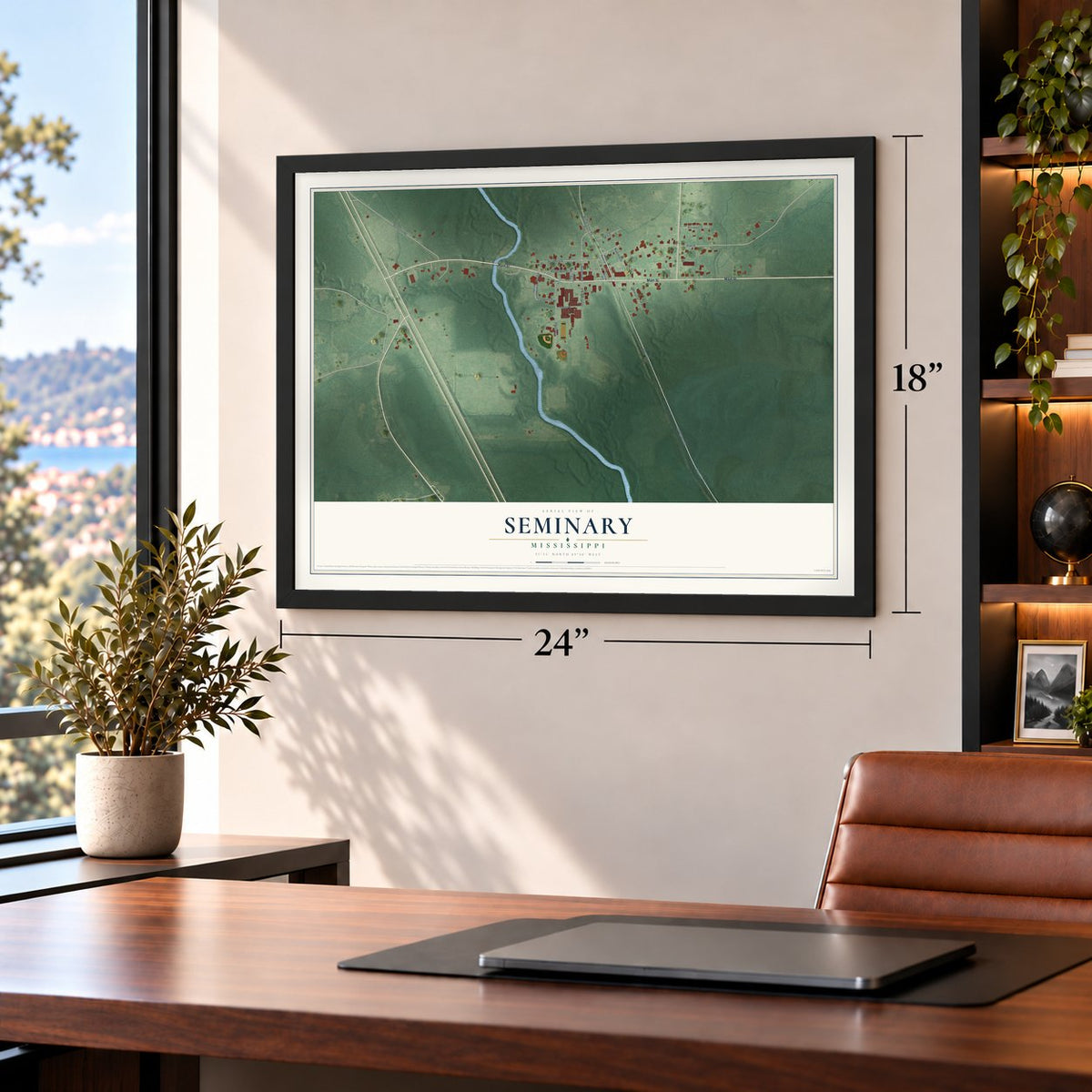 Seminary, Mississippi map, 18 x 24 inch print in a black frame in a home office