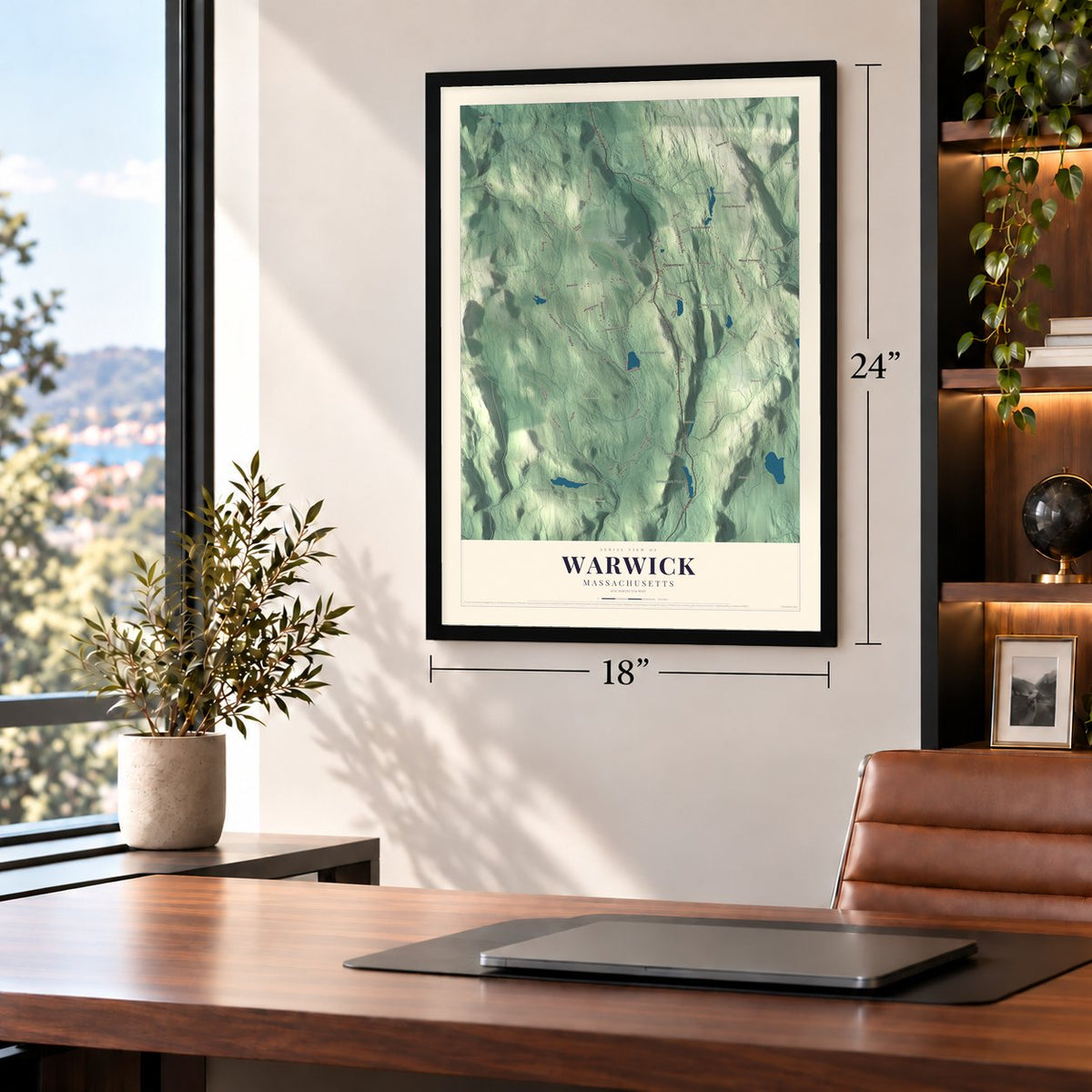 Warwick, Massachusetts map, 18 x 24 inch print in a black frame in a home office