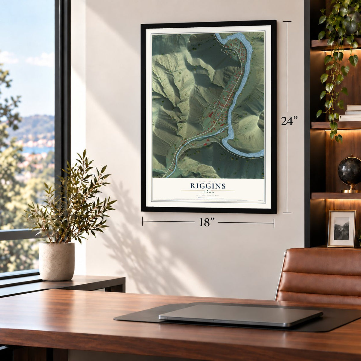 Riggins, Idaho map, 18 x 24 inch print in a black frame in a home office