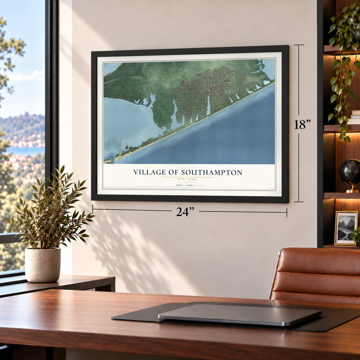 Village of Southampton, New York map, 18 x 24 inch print in a black frame in a home office