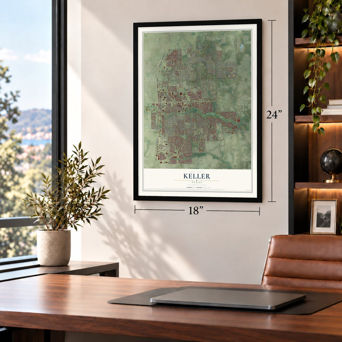 Keller, Texas map, 18 x 24 inch print in a black frame in a home office