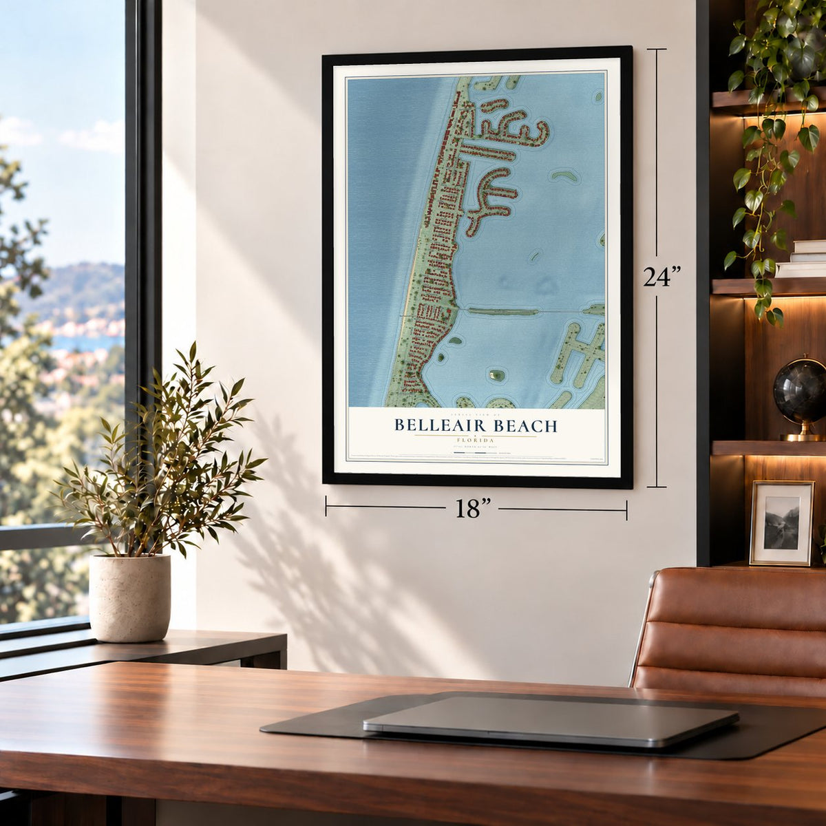 Belleair Beach, Florida map, 18 x 24 inch print in a black frame in a home office
