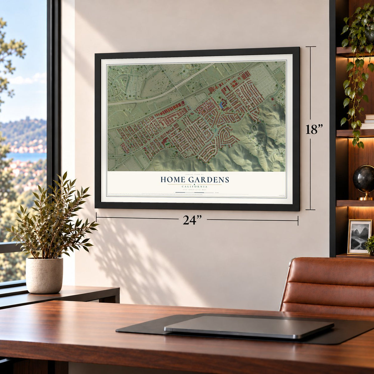 Home Gardens, California map, 18 x 24 inch print in a black frame in a home office