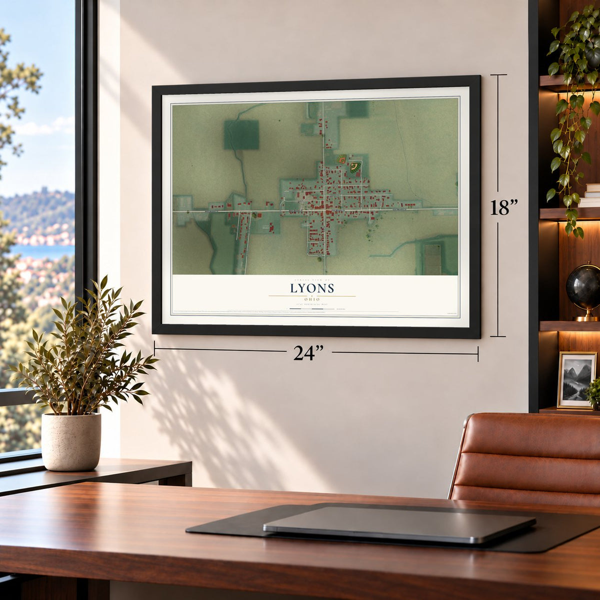 Lyons, Ohio map, 18 x 24 inch print in a black frame in a home office