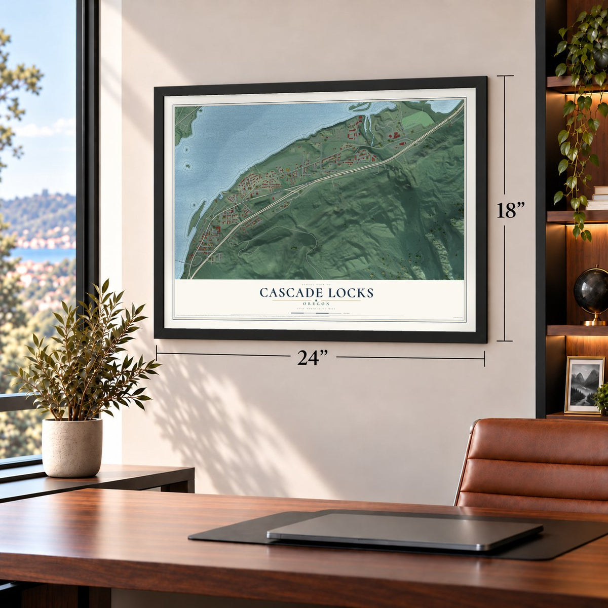 Cascade Locks, Oregon map, 18 x 24 inch print in a black frame in a home office