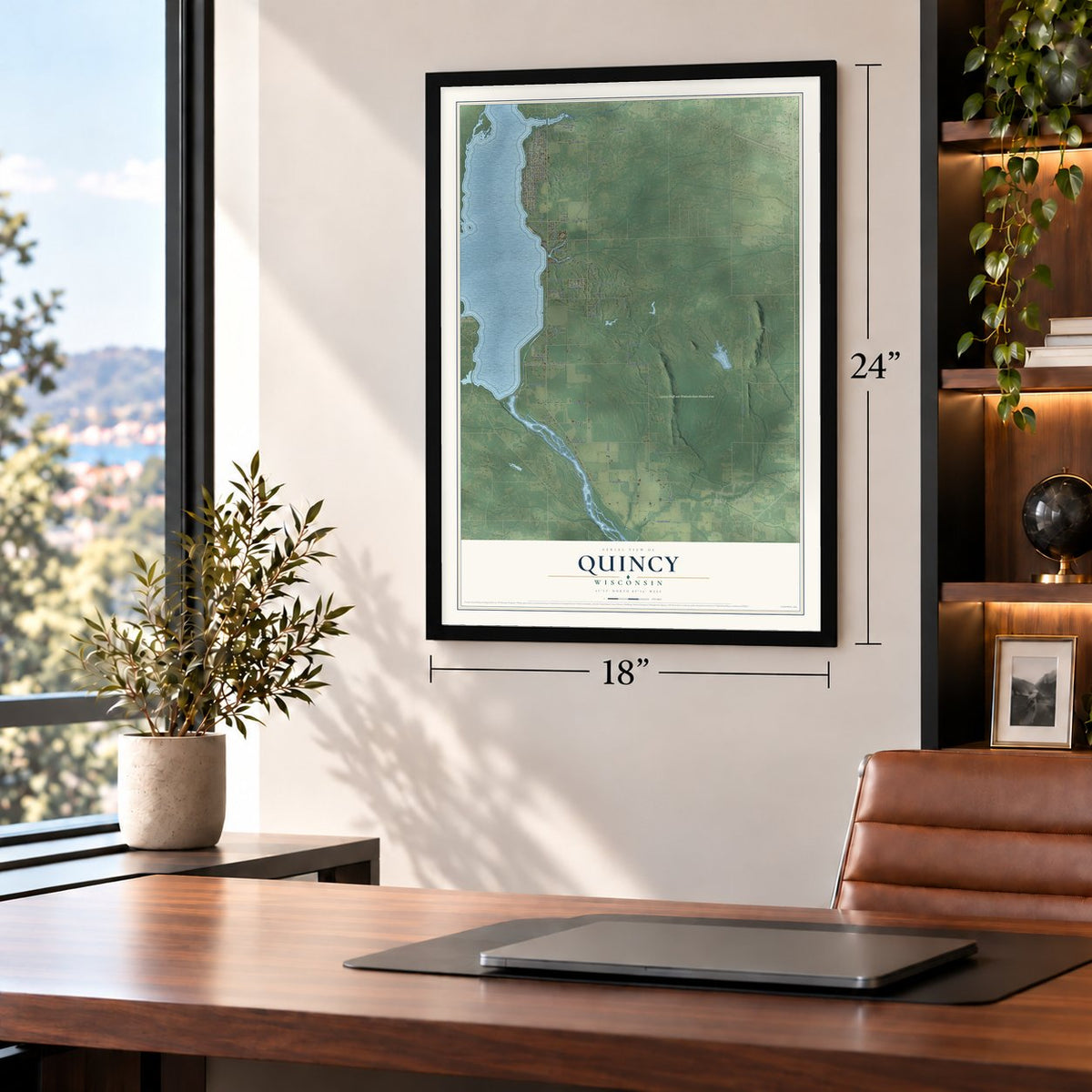 Quincy, Wisconsin map, 18 x 24 inch print in a black frame in a home office