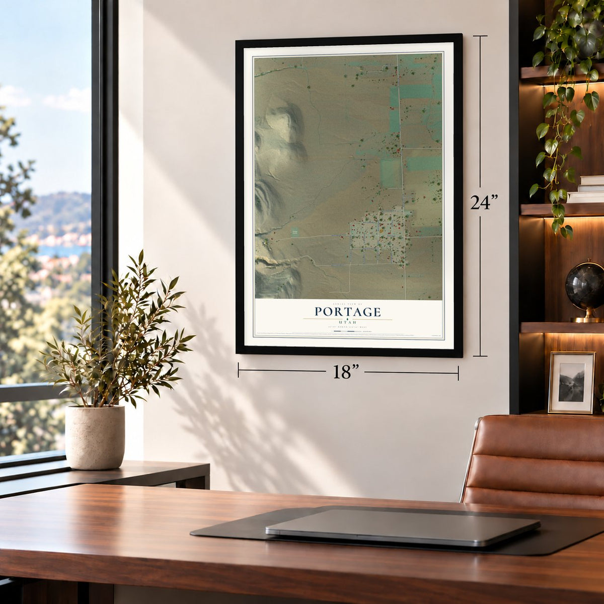 Portage, Utah map, 18 x 24 inch print in a black frame in a home office