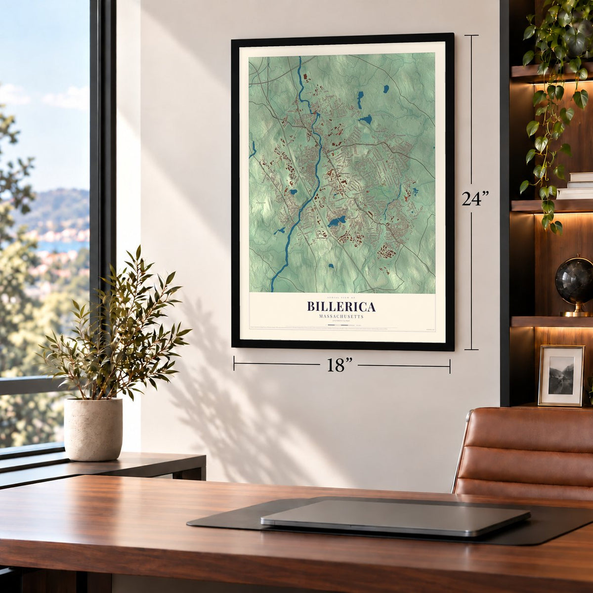 Billerica, Massachusetts map, 18 x 24 inch print in a black frame in a home office