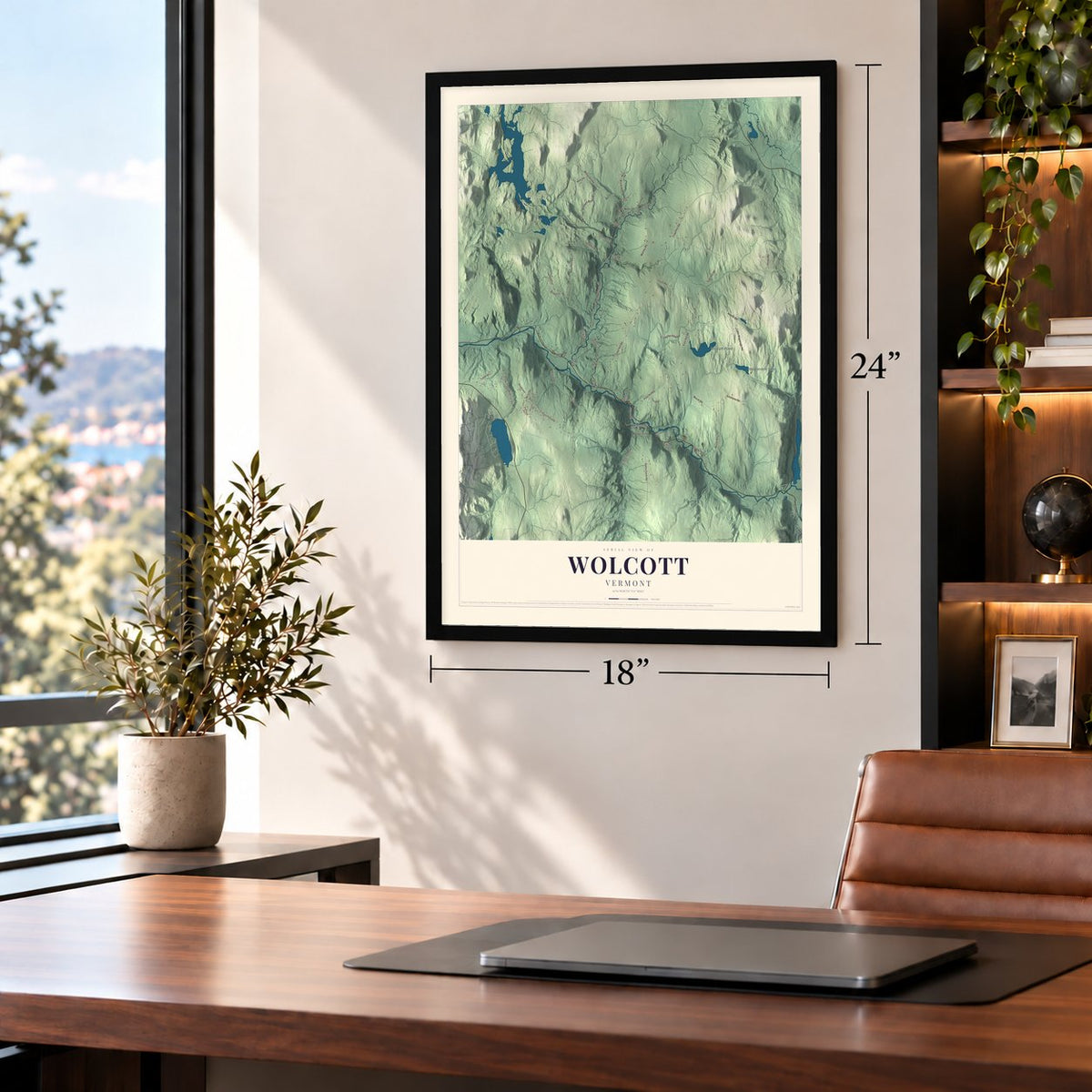 Wolcott, Vermont map, 18 x 24 inch print in a black frame in a home office