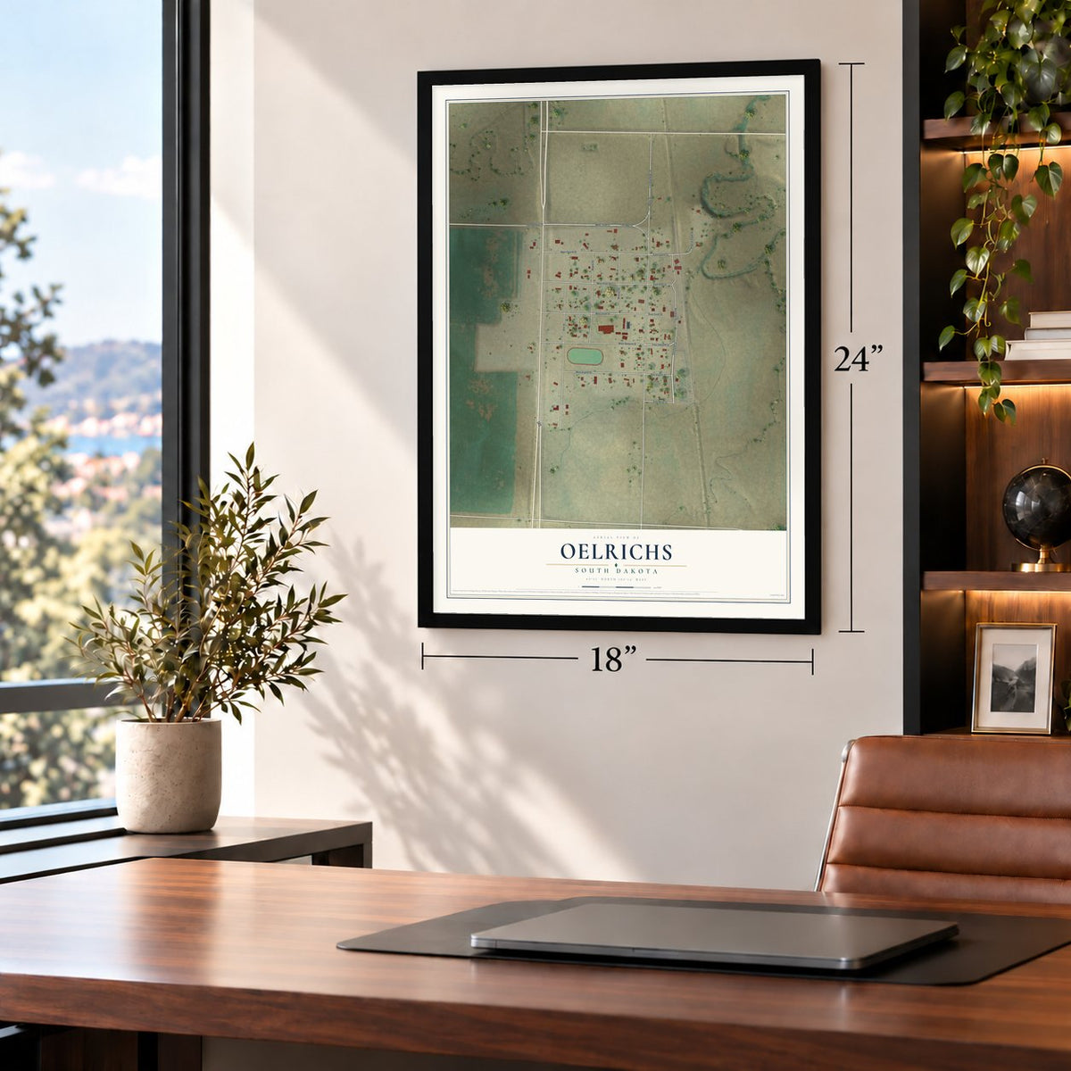 Oelrichs, South Dakota map, 18 x 24 inch print in a black frame in a home office