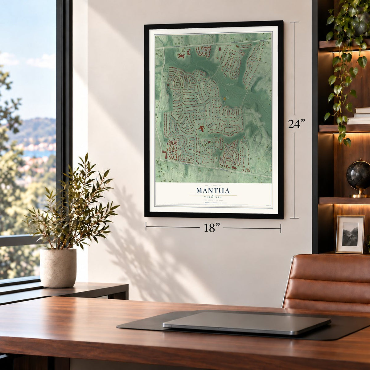 Mantua, Virginia map, 18 x 24 inch print in a black frame in a home office