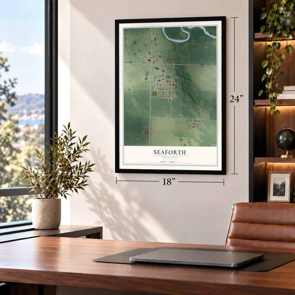 Seaforth, Minnesota map, 18 x 24 inch print in a black frame in a home office