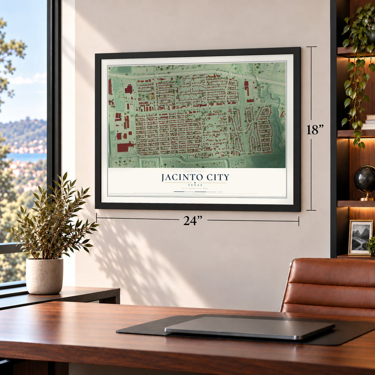 Jacinto City, Texas map, 18 x 24 inch print in a black frame in a home office
