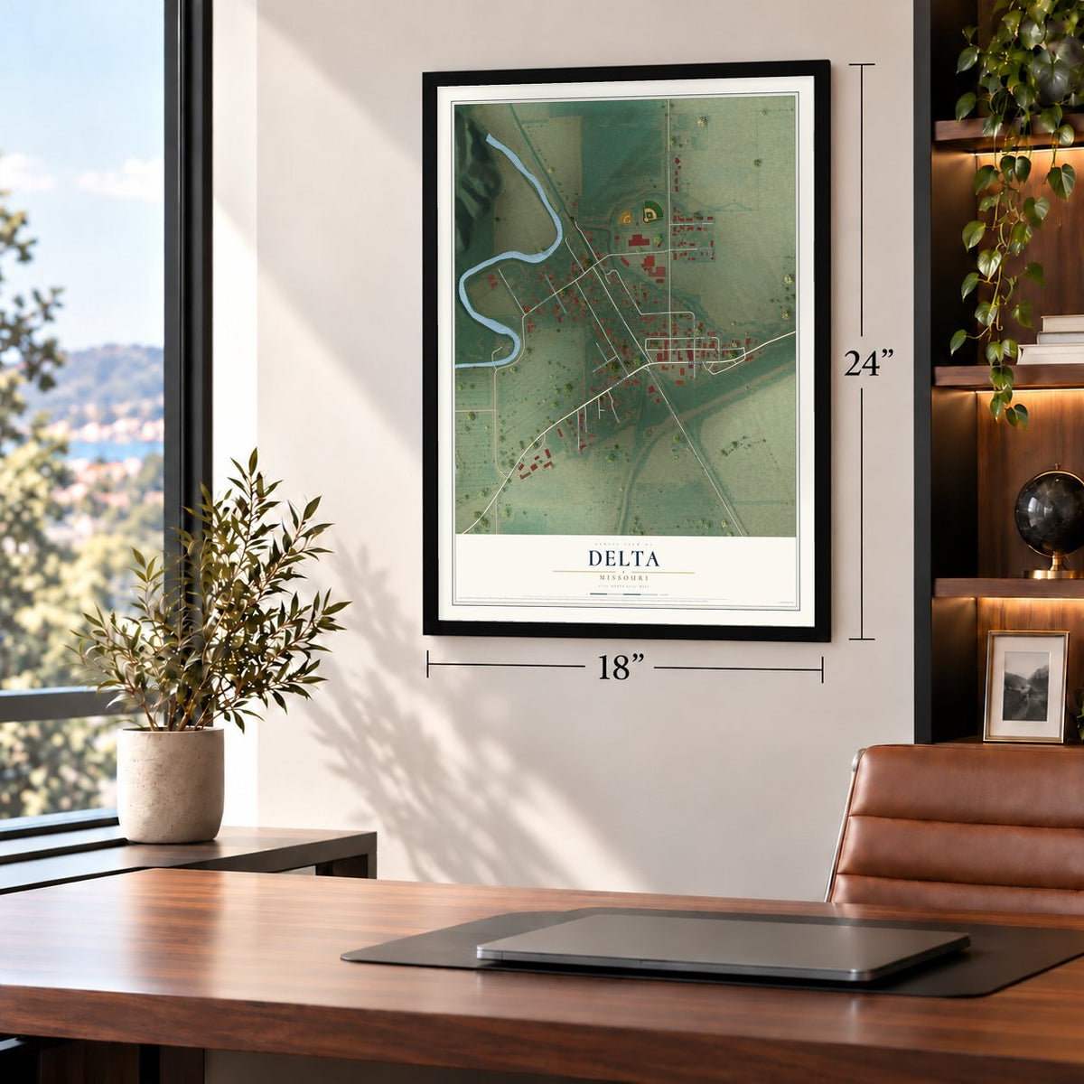 Delta, Missouri map, 18 x 24 inch print in a black frame in a home office