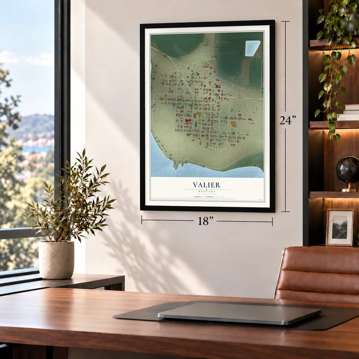 Valier, Montana map, 18 x 24 inch print in a black frame in a home office