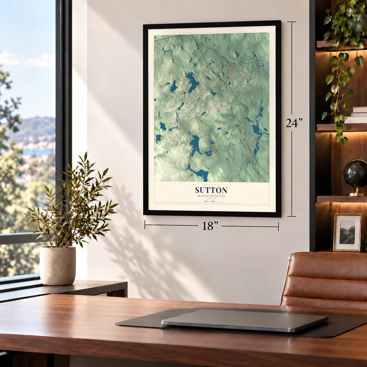 Sutton, Massachusetts map, 18 x 24 inch print in a black frame in a home office