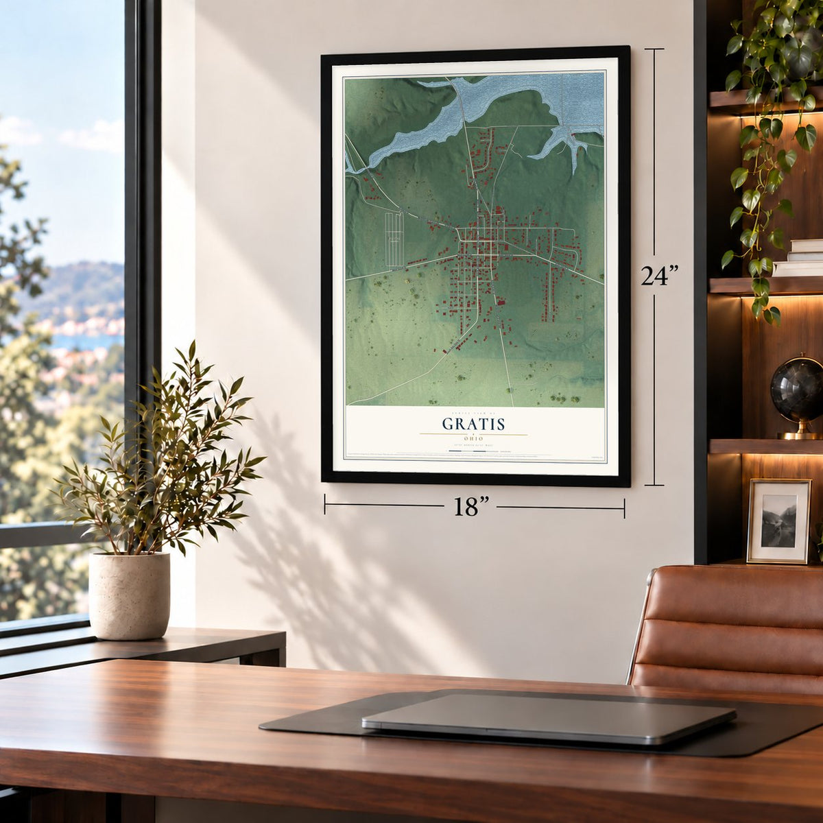 Gratis, Ohio map, 18 x 24 inch print in a black frame in a home office
