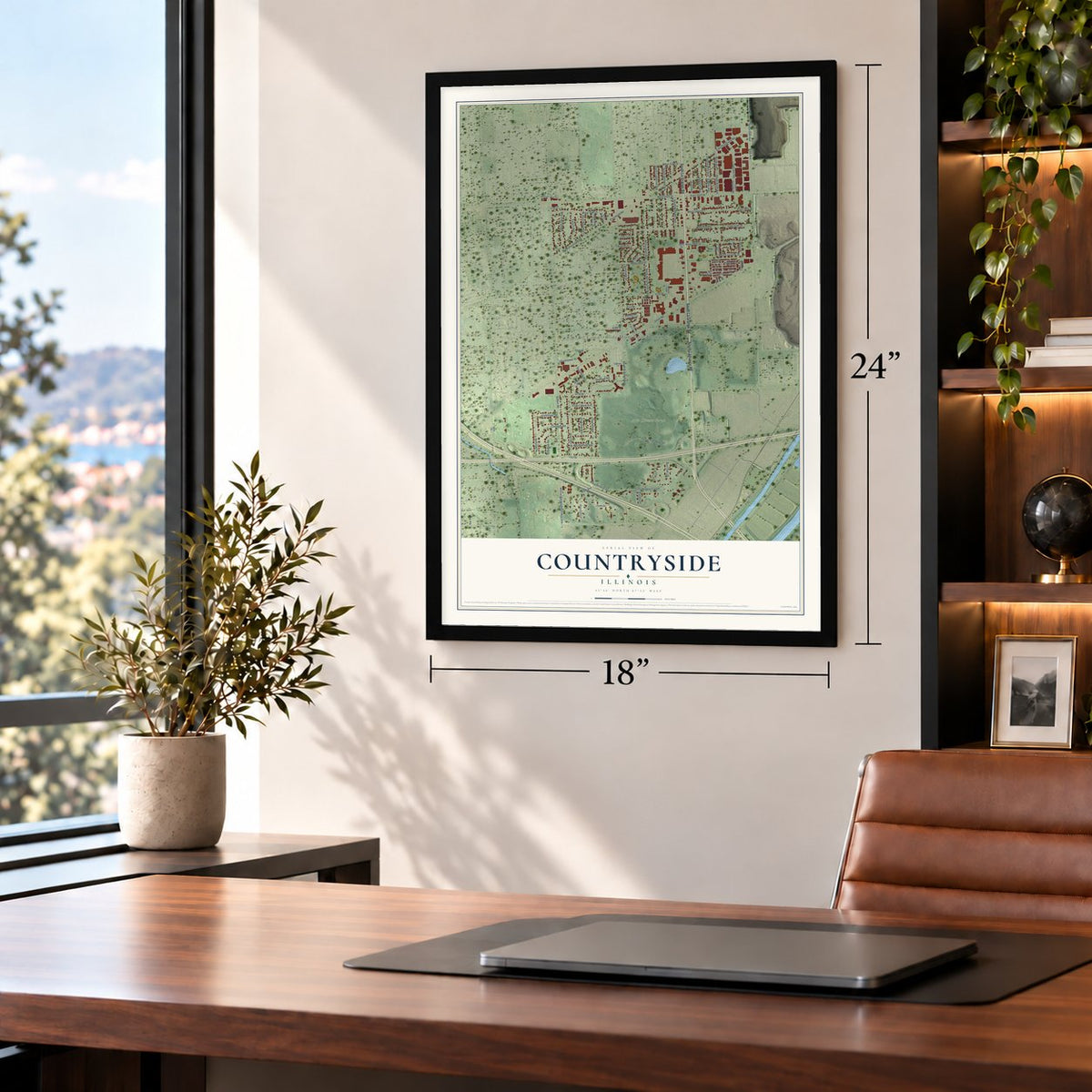 Countryside, Illinois map, 18 x 24 inch print in a black frame in a home office