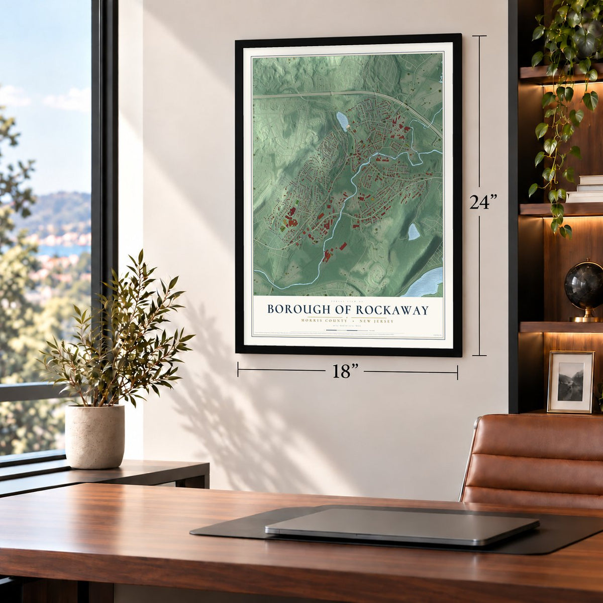 Borough of Rockaway, Morris County, New Jersey map, 18 x 24 inch print in a black frame in a home office