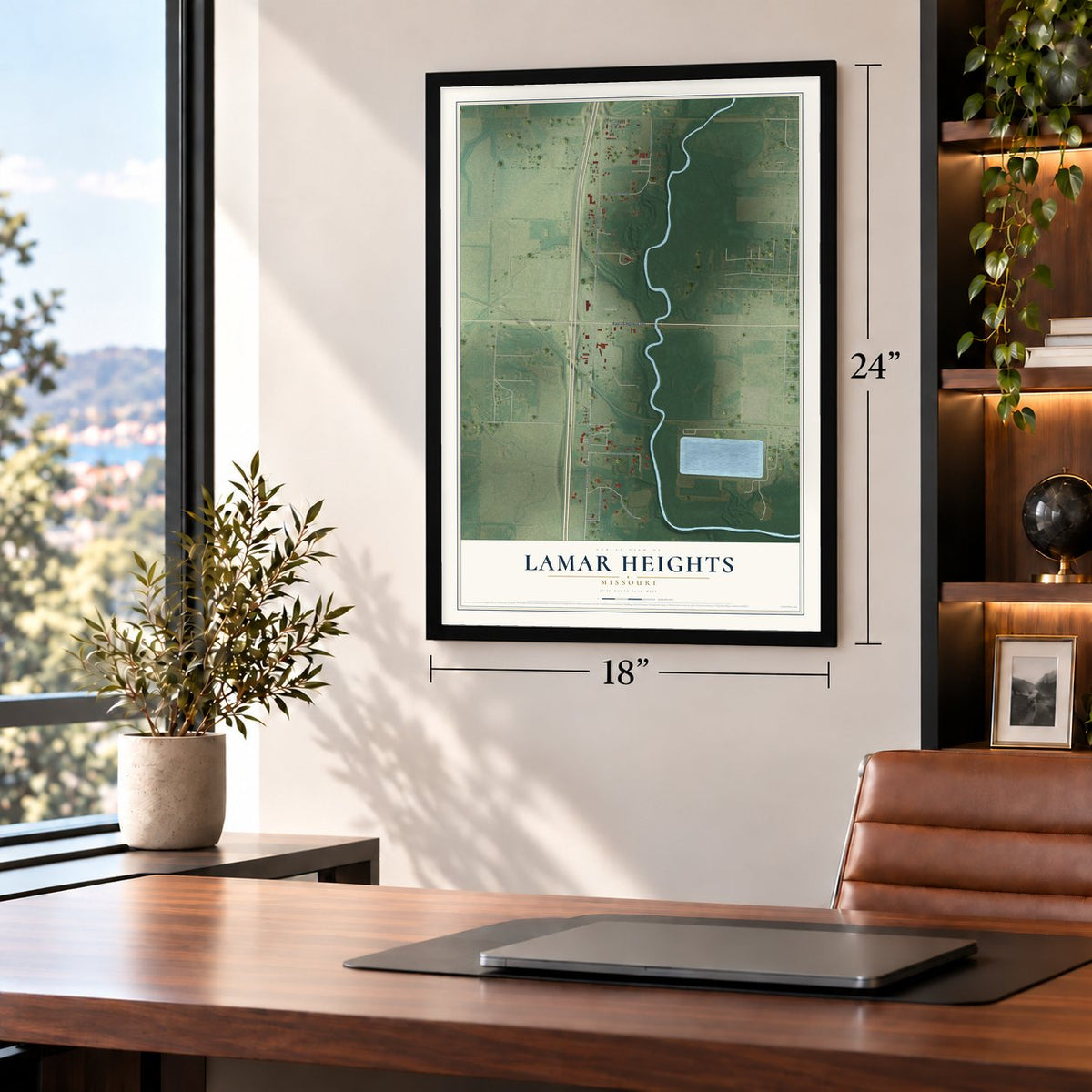 Lamar Heights, Missouri map, 18 x 24 inch print in a black frame in a home office