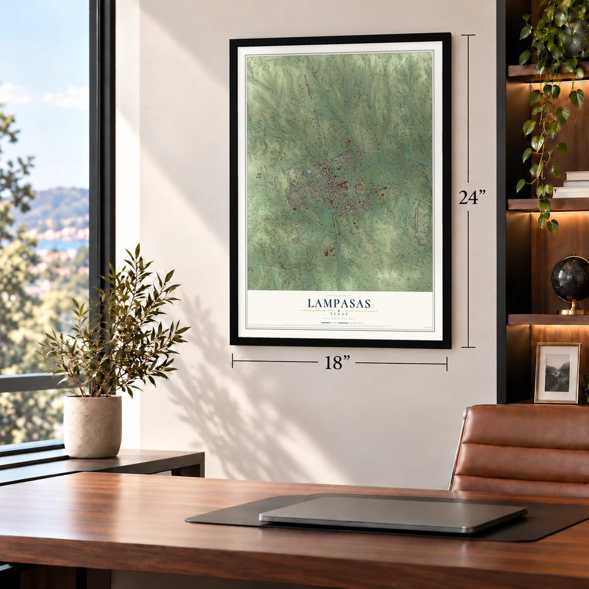 Lampasas, Texas map, 18 x 24 inch print in a black frame in a home office