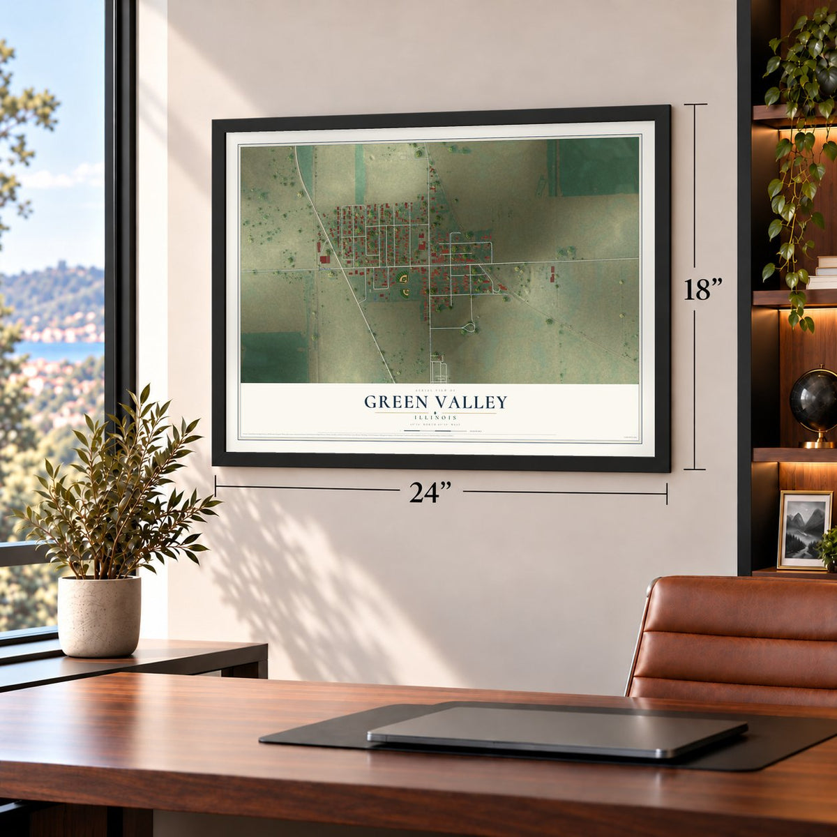 Green Valley, Illinois map, 18 x 24 inch print in a black frame in a home office