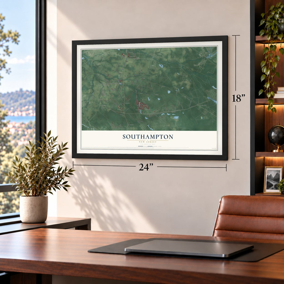 Southampton, New Jersey map, 18 x 24 inch print in a black frame in a home office