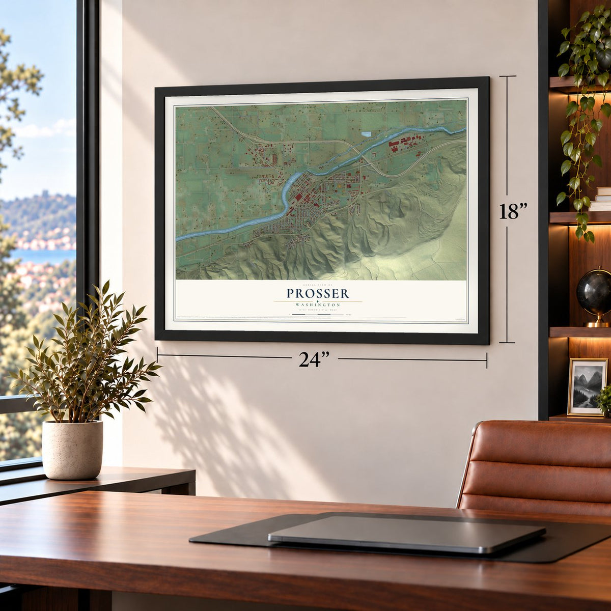 Prosser, Washington map, 18 x 24 inch print in a black frame in a home office