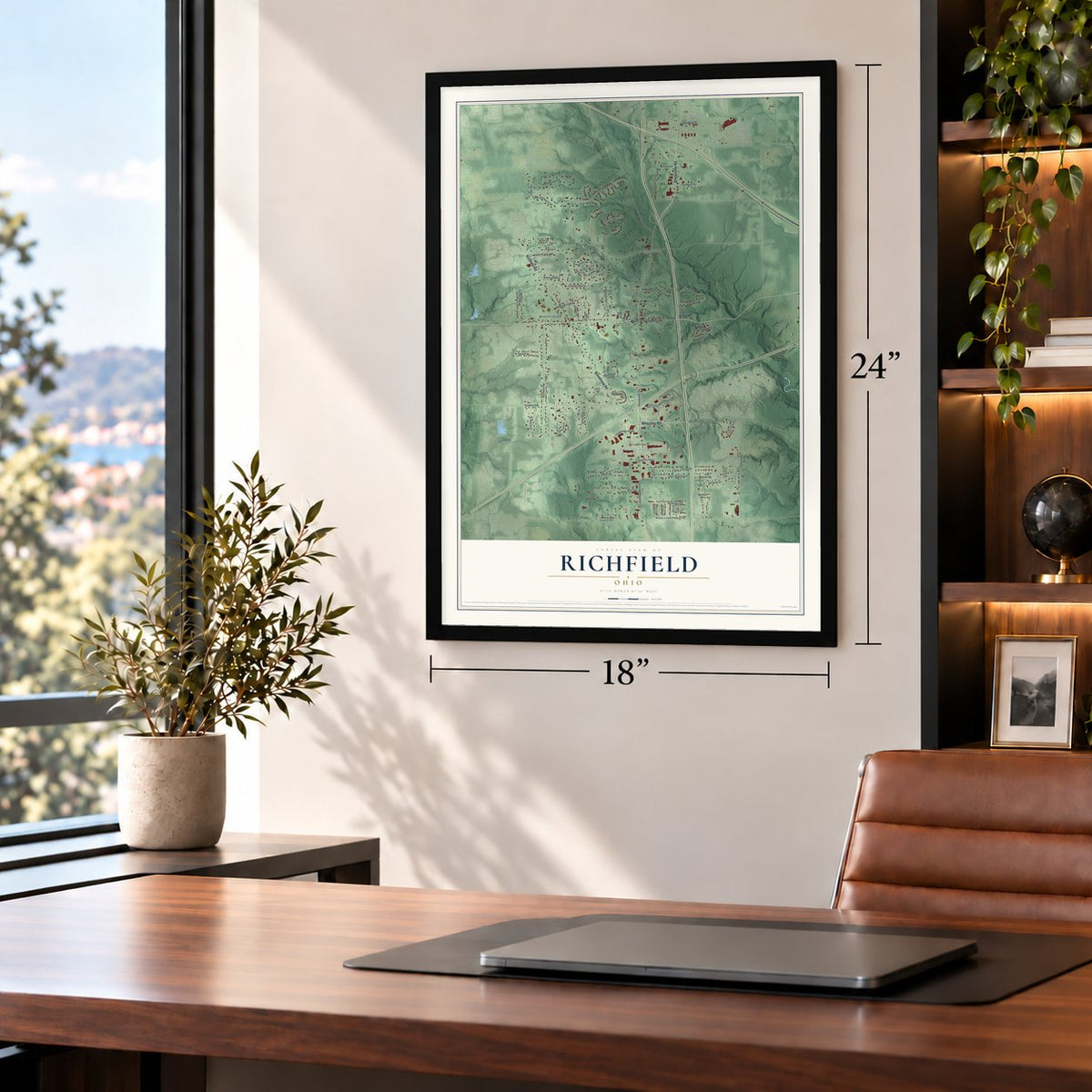 Richfield, Ohio map, 18 x 24 inch print in a black frame in a home office
