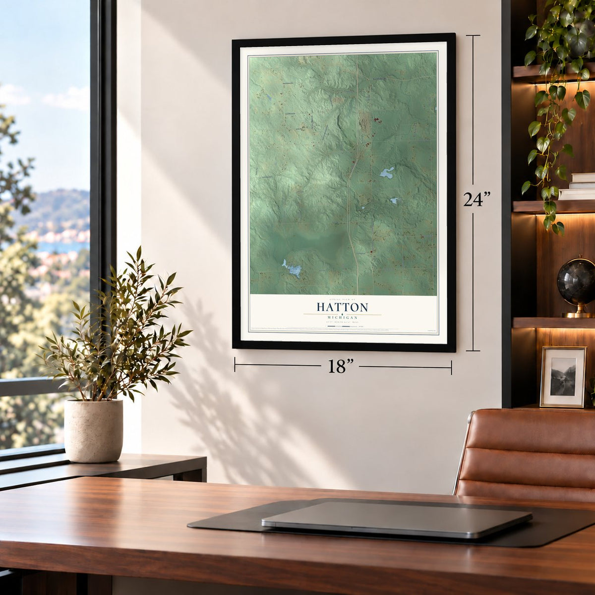 Hatton, Michigan map, 18 x 24 inch print in a black frame in a home office