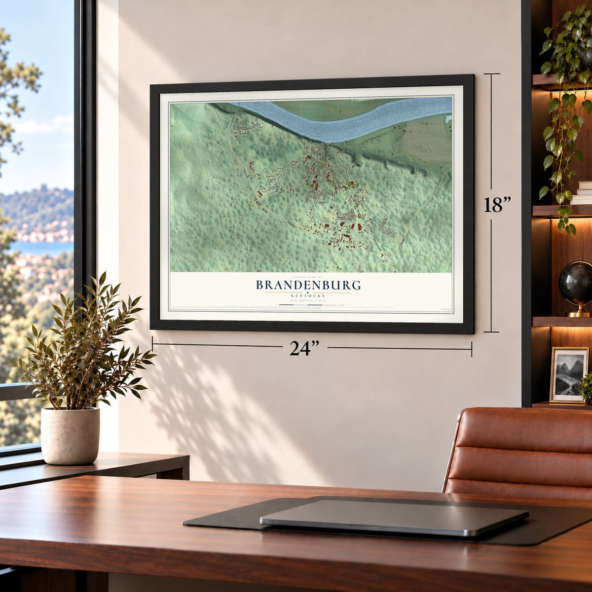 Brandenburg, Kentucky map, 18 x 24 inch print in a black frame in a home office