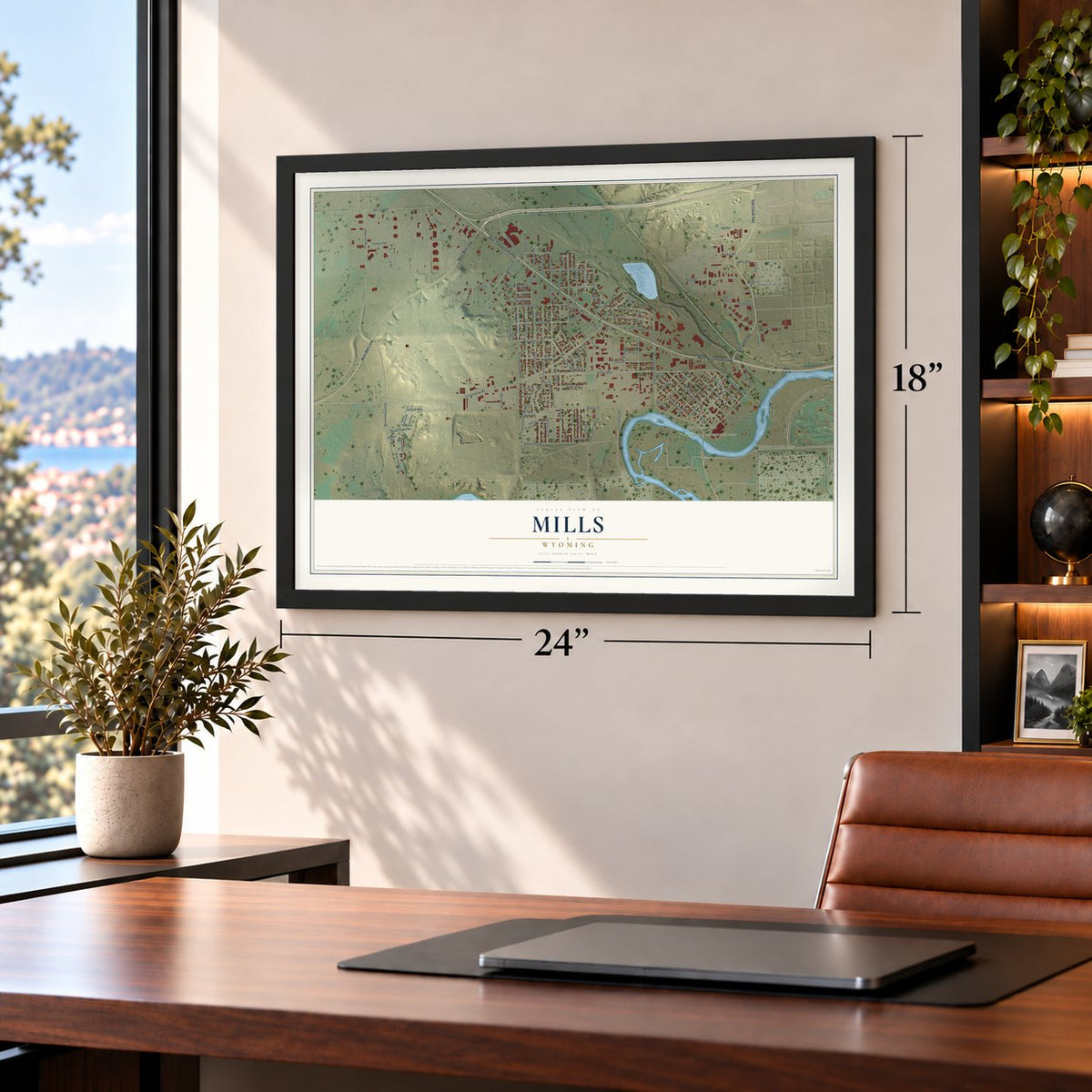 Mills, Wyoming map, 18 x 24 inch print in a black frame in a home office