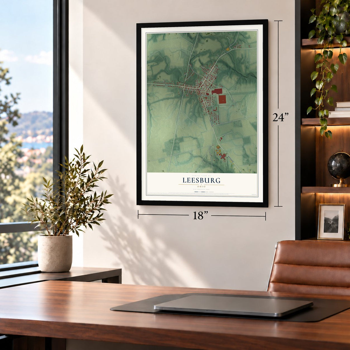 Leesburg, Ohio map, 18 x 24 inch print in a black frame in a home office
