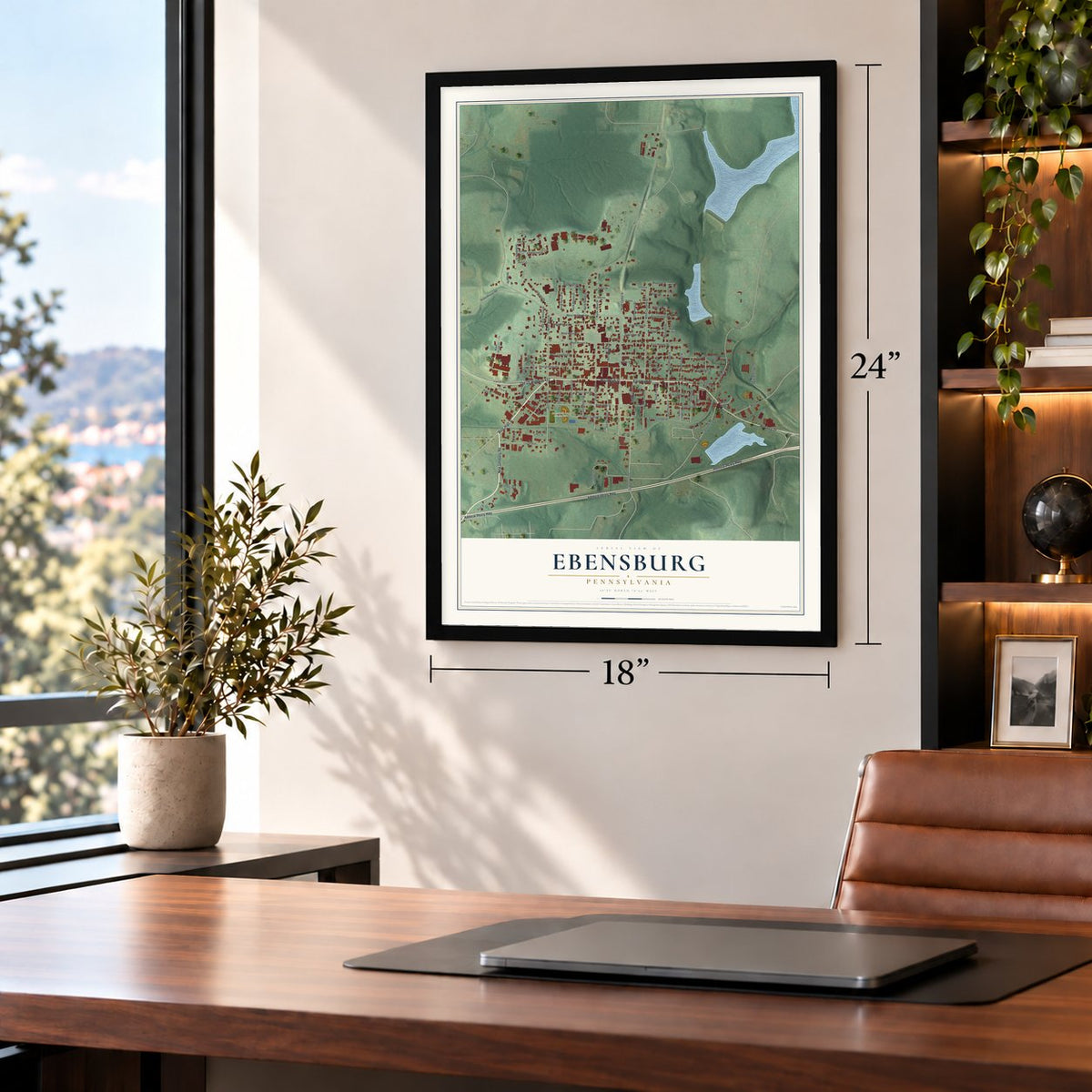Ebensburg, Pennsylvania map, 18 x 24 inch print in a black frame in a home office