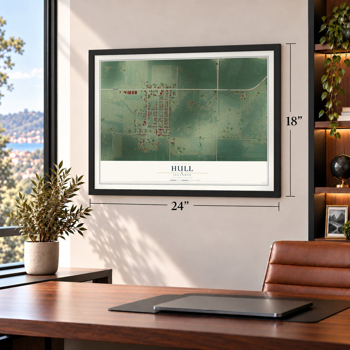 Hull, Illinois map, 18 x 24 inch print in a black frame in a home office