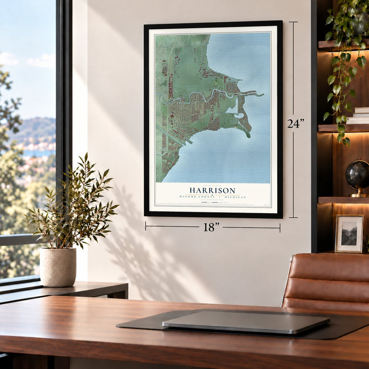 Harrison, Macomb County, Michigan map, 18 x 24 inch print in a black frame in a home office