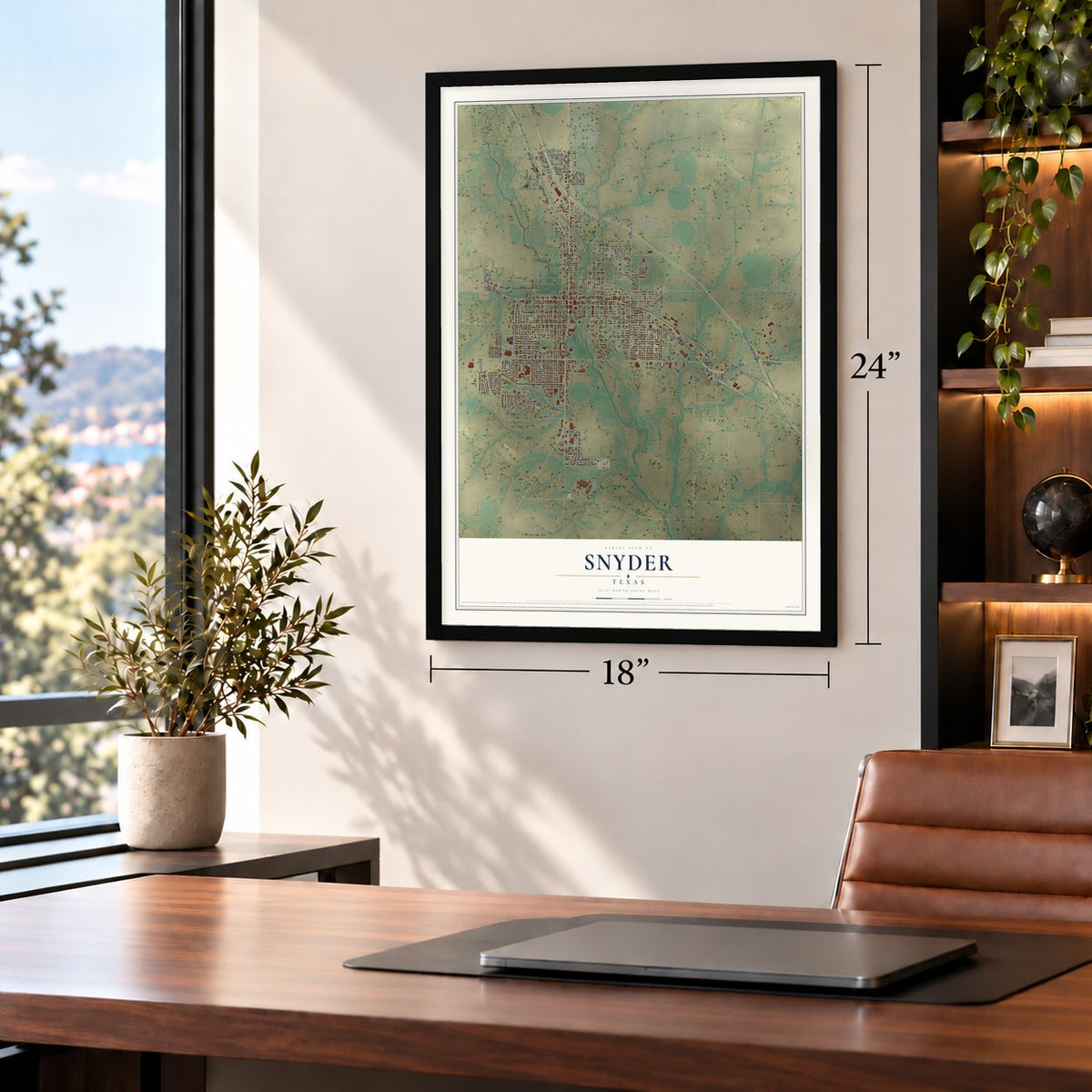 Snyder, Texas map, 18 x 24 inch print in a black frame in a home office