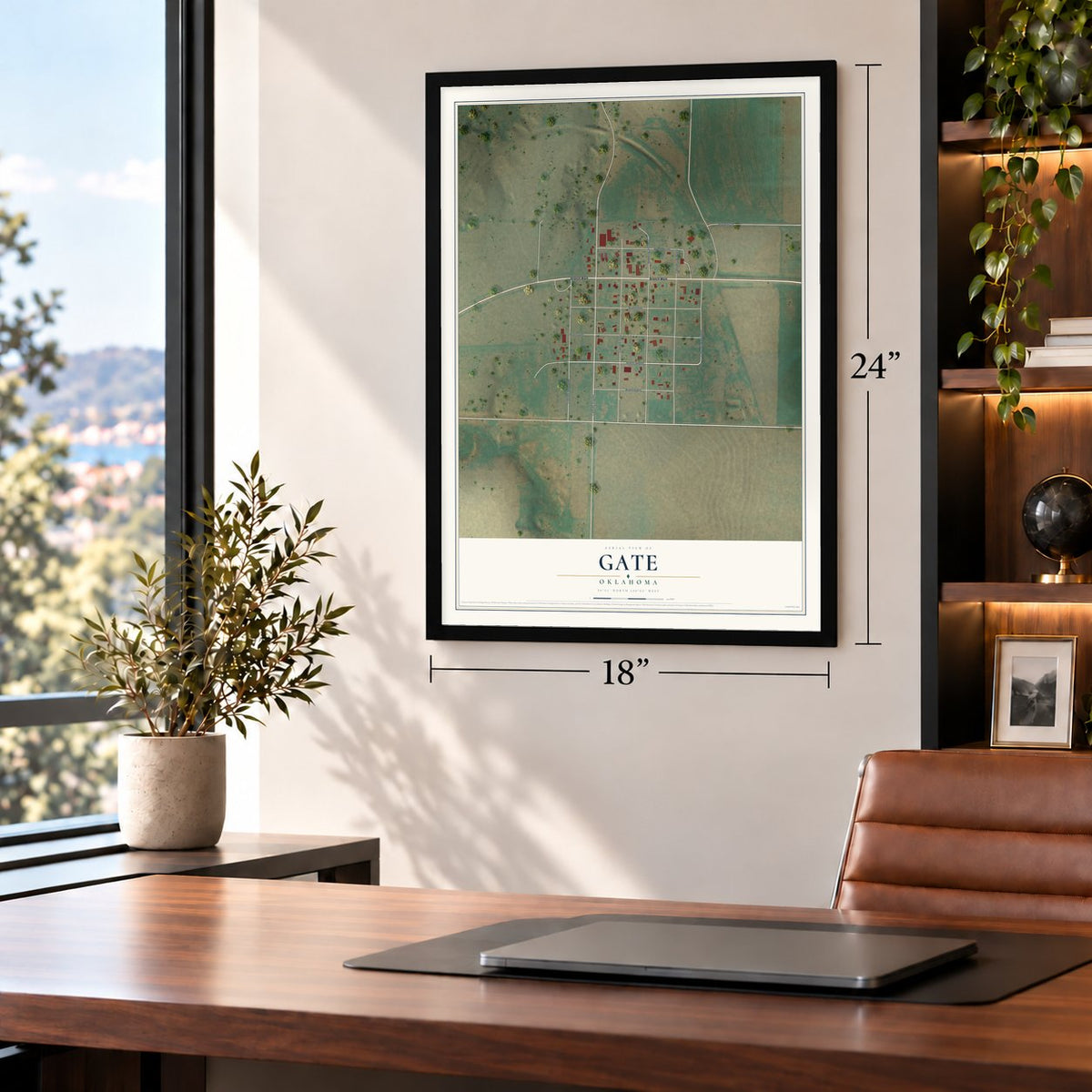 Gate, Oklahoma map, 18 x 24 inch print in a black frame in a home office