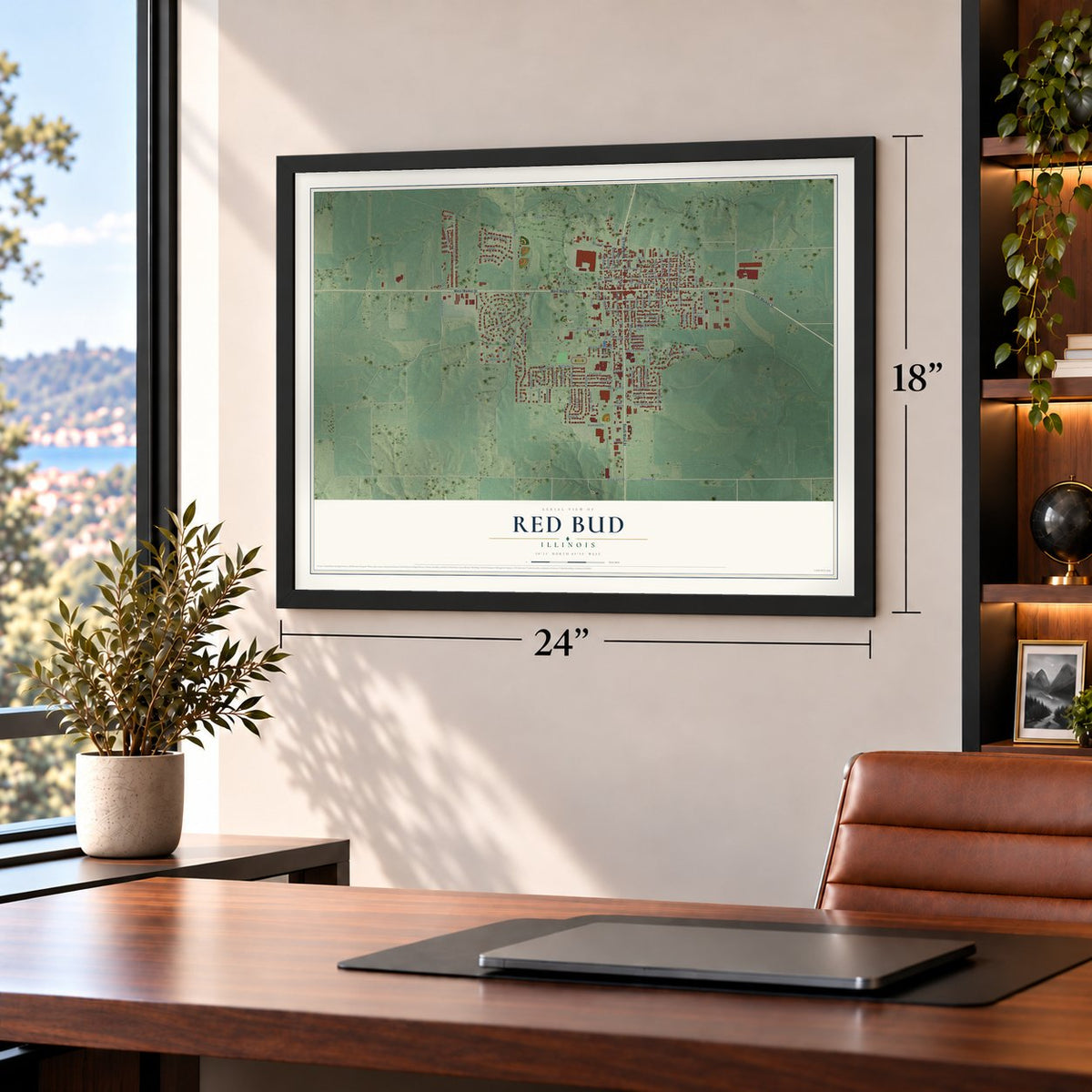 Red Bud, Illinois map, 18 x 24 inch print in a black frame in a home office