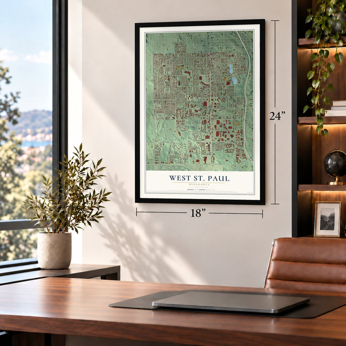 West St. Paul, Minnesota map, 18 x 24 inch print in a black frame in a home office