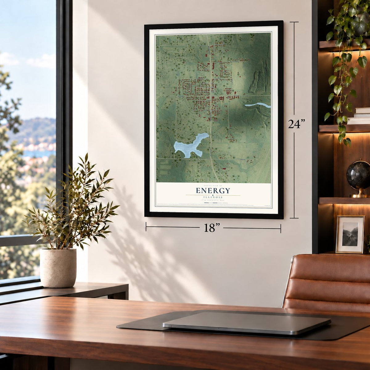 Energy, Illinois map, 18 x 24 inch print in a black frame in a home office